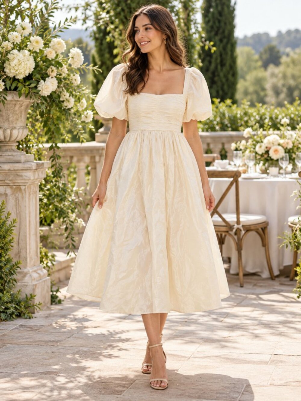 BHLDN Sachin & Babi Ivory Ruched Puff Sleeve Emile Midi Gown Size 12